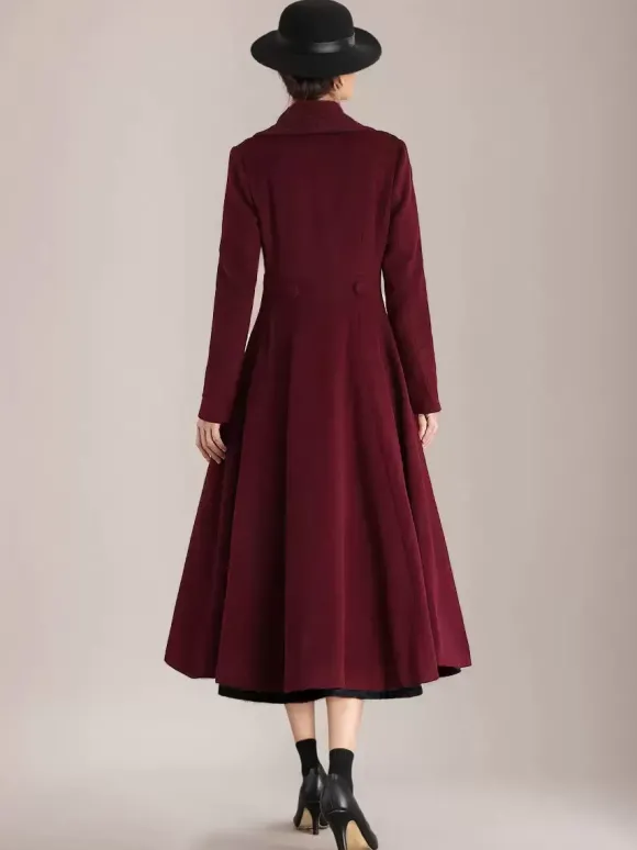 Manteau évasé en laine bordeaux à col châle vintage à double boutonnage pour femme vêtement d'extérieur d'hiver en forme de A 2026