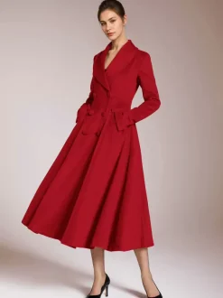 Manteau évasé en laine bordeaux à col châle vintage à double boutonnage pour femme vêtement d'extérieur d'hiver en forme de A 2026
