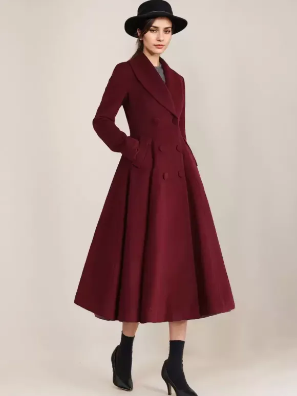 Manteau évasé en laine bordeaux à col châle vintage à double boutonnage pour femme vêtement d'extérieur d'hiver en forme de A 2026