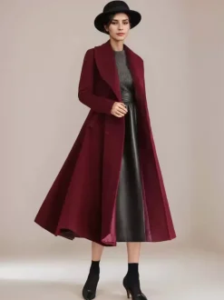 Manteau évasé en laine bordeaux à col châle vintage à double boutonnage pour femme vêtement d'extérieur d'hiver en forme de A 2026