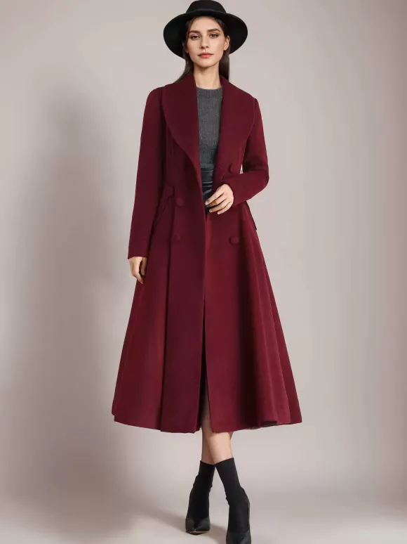 Manteau évasé en laine bordeaux à col châle vintage à double boutonnage pour femme vêtement d'extérieur d'hiver en forme de A 2026