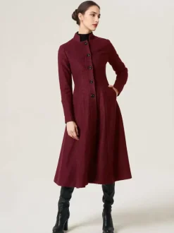 Manteau évasé en laine pour femme col montant ligne A élégant bleu marine foncé vêtements d'extérieur mi-longs d'hiver 2026