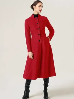Manteau évasé en laine pour femme col montant ligne A élégant bleu marine foncé vêtements d'extérieur mi-longs d'hiver 2026