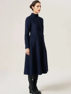 Manteau évasé en laine pour femme col montant ligne A élégant bleu marine foncé vêtements d'extérieur mi-longs d'hiver 2026