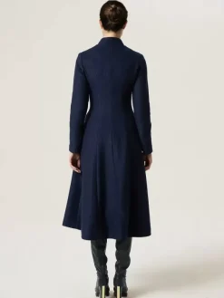 Manteau évasé en laine pour femme col montant ligne A élégant bleu marine foncé vêtements d'extérieur mi-longs d'hiver 2026