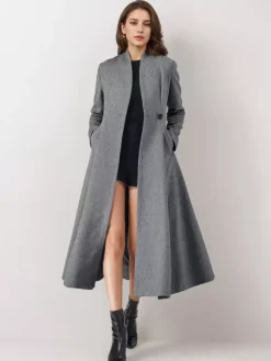 Manteau évasé en mélange de laine pour femme un bouton gris coupe trapèze vêtement d'extérieur mi-long d'hiver 2026