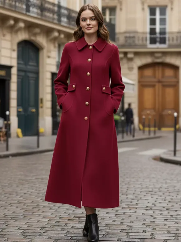 Manteau vintage en laine et cachemire mélangés avec boutons dorés pour femme 2026