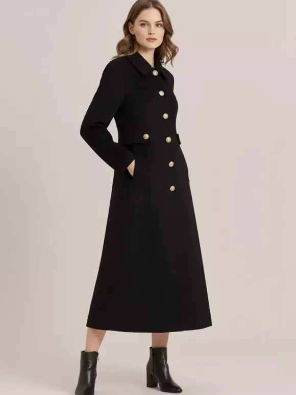 Manteau vintage en laine et cachemire mélangés avec boutons dorés pour femme 2026