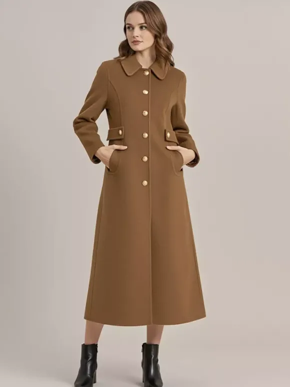 Manteau vintage en laine et cachemire mélangés avec boutons dorés pour femme 2026