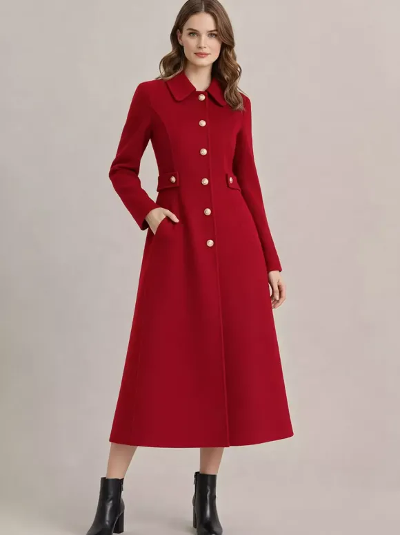 Manteau vintage en laine et cachemire mélangés avec boutons dorés pour femme 2026