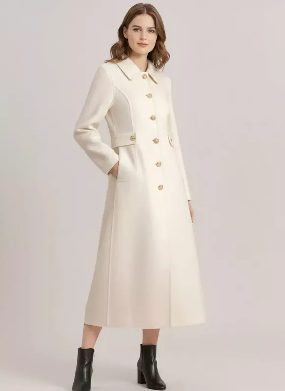 Manteau vintage en laine et cachemire mélangés avec boutons dorés pour femme 2026