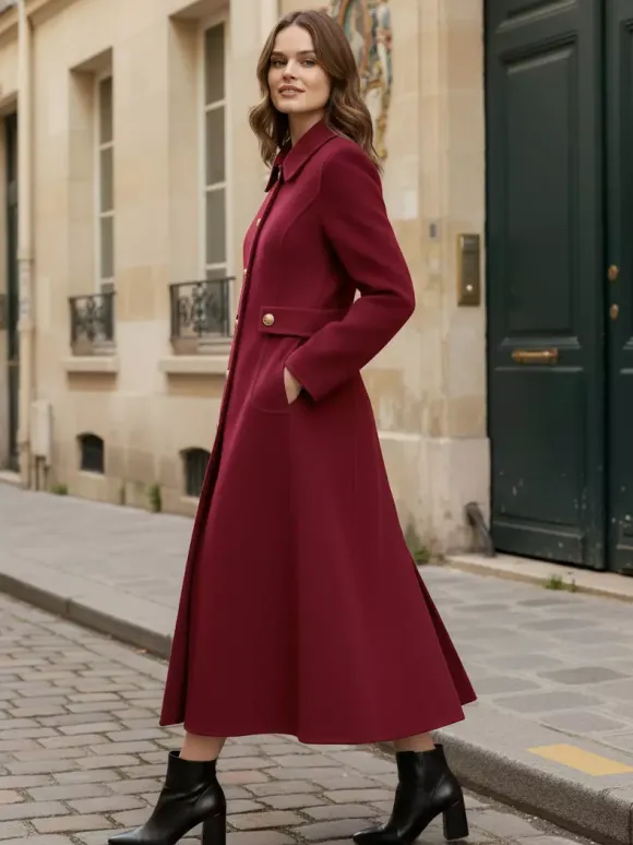 Manteau vintage en laine et cachemire mélangés avec boutons dorés pour femme 2026