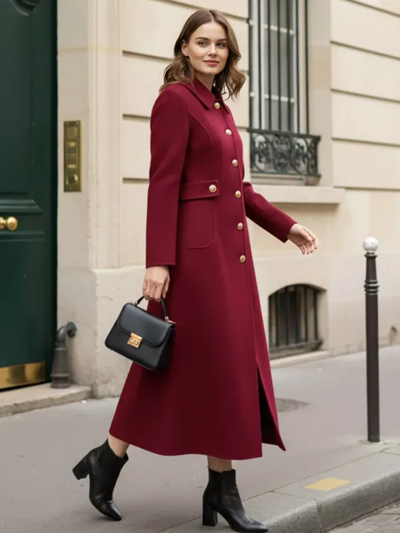 Manteau vintage en laine et cachemire mélangés avec boutons dorés pour femme 2026