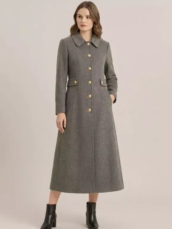 Manteau vintage en laine et cachemire mélangés avec boutons dorés pour femme 2026