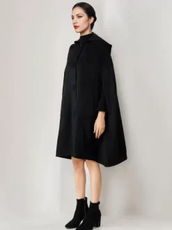 Manteau cape en laine noire avec capuche Poncho surdimensionné Vêtements d'extérieur d'hiver pour femmes 2026