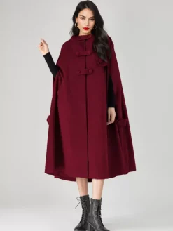 Manteau cape en mélange de laine pour femme à capuche gris surdimensionné long poncho vêtements d'extérieur 2026