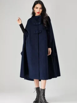 Manteau cape en mélange de laine pour femme à capuche gris surdimensionné long poncho vêtements d'extérieur 2026