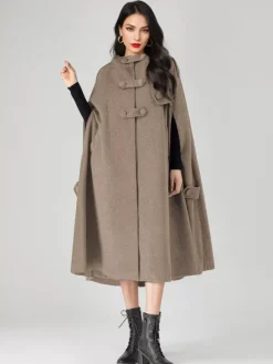 Manteau cape en mélange de laine pour femme à capuche gris surdimensionné long poncho vêtements d'extérieur 2026