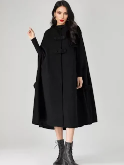 Manteau cape en mélange de laine pour femme à capuche gris surdimensionné long poncho vêtements d'extérieur 2026