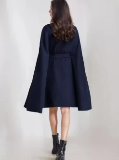 Manteau cape en mélange de laine pour femme col montant poncho surdimensionné avec ceinture bleu marine foncé vêtements d'extérieur 2026