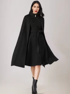 Manteau cape en mélange de laine pour femme col montant poncho surdimensionné avec ceinture bleu marine foncé vêtements d'extérieur 2026