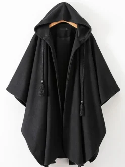 Manteau Cape Femme Hiver avec Capuche à Lacets Réglable avec Franges Unicolore Manteau Hiver Femme Manteau Cape Femme