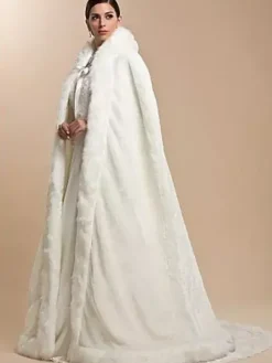 Manteau Cape Longs Femme en Fousse Fourrure Synthétique à Capuche à Lacets Poncho Hiver Unicolore
