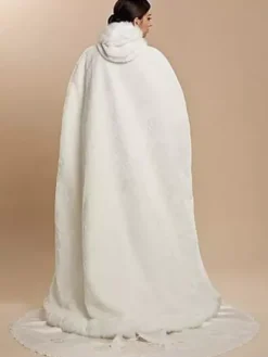 Manteau Cape Longs Femme en Fousse Fourrure Synthétique à Capuche à Lacets Poncho Hiver Unicolore