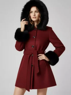 Manteau à capuche ceinturé en laine mélangée avec poignets en fausse fourrure noire pour femme 2026
