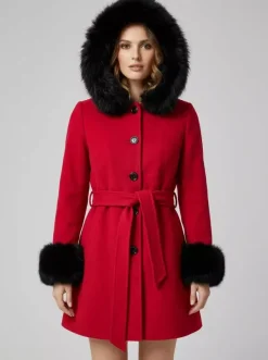 Manteau à capuche ceinturé en laine mélangée avec poignets en fausse fourrure noire pour femme 2026