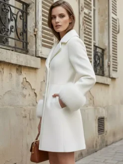 Manteau croisé blanc en laine mélangée à larges revers et poignets en fausse fourrure collection femme 2026