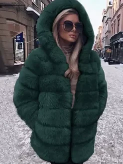 Manteau en fausse fourrure avec capuche Veste mi-longue décontractée d'hiver pour femme 2026