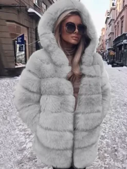 Manteau en fausse fourrure avec capuche Veste mi-longue décontractée d'hiver pour femme 2026