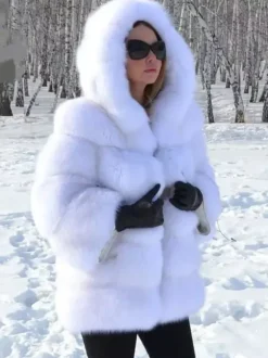 Manteau en fausse fourrure à capuche chaud court en peluche écologique pour femme hiver 2026