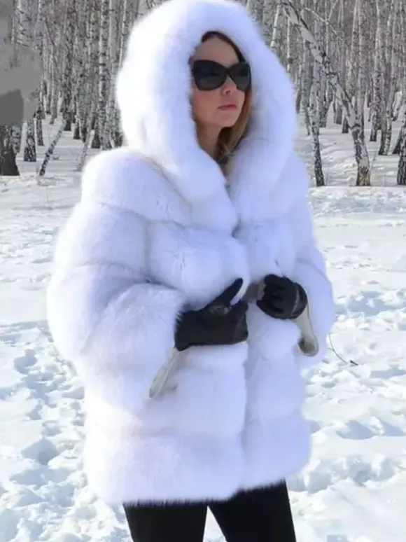 Manteau en fausse fourrure à capuche chaud court en peluche écologique pour femme hiver 2026