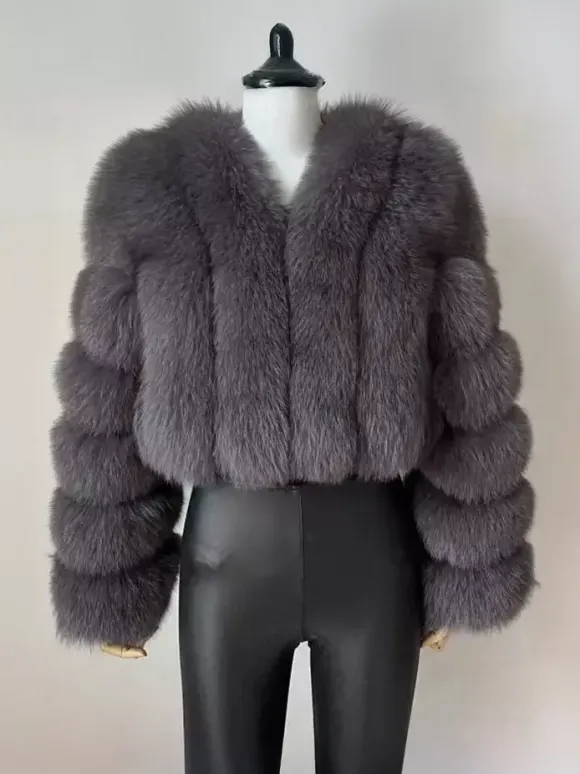 Manteau en fausse fourrure à col en V et manches longues pour femme veste courte en fourrure écologique d'hiver 2026