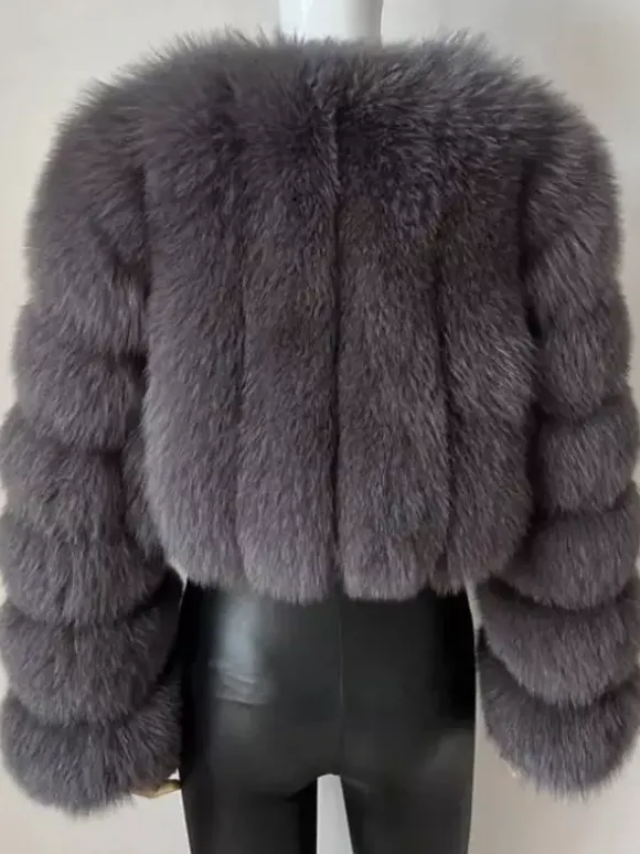 Manteau en fausse fourrure à col en V et manches longues pour femme veste courte en fourrure écologique d'hiver 2026