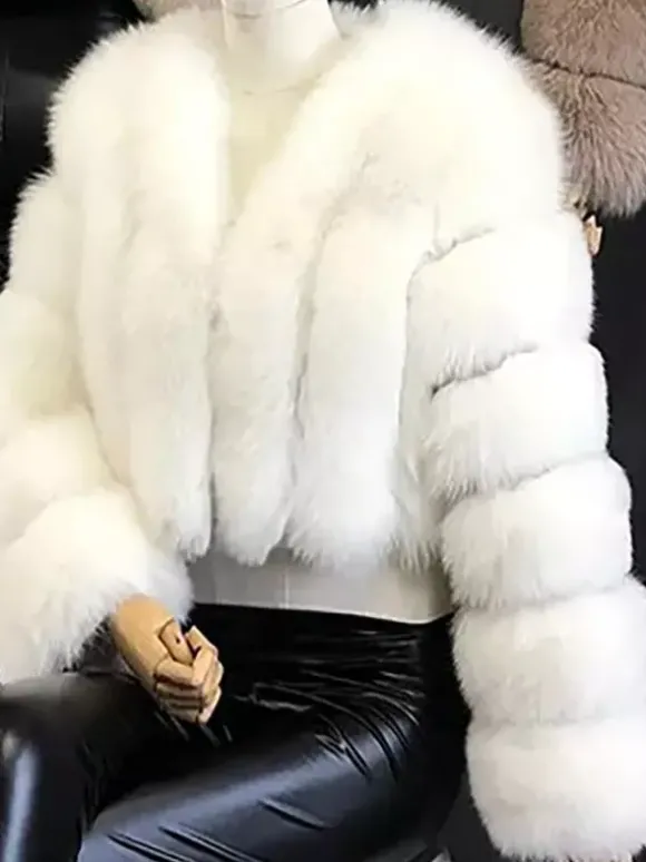 Manteau en fausse fourrure à col en V et manches longues pour femme veste courte en fourrure écologique d'hiver 2026