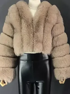 Manteau en fausse fourrure à col en V et manches longues pour femme veste courte en fourrure écologique d'hiver 2026