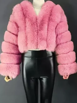 Manteau en fausse fourrure à col en V et manches longues pour femme veste courte en fourrure écologique d'hiver 2026