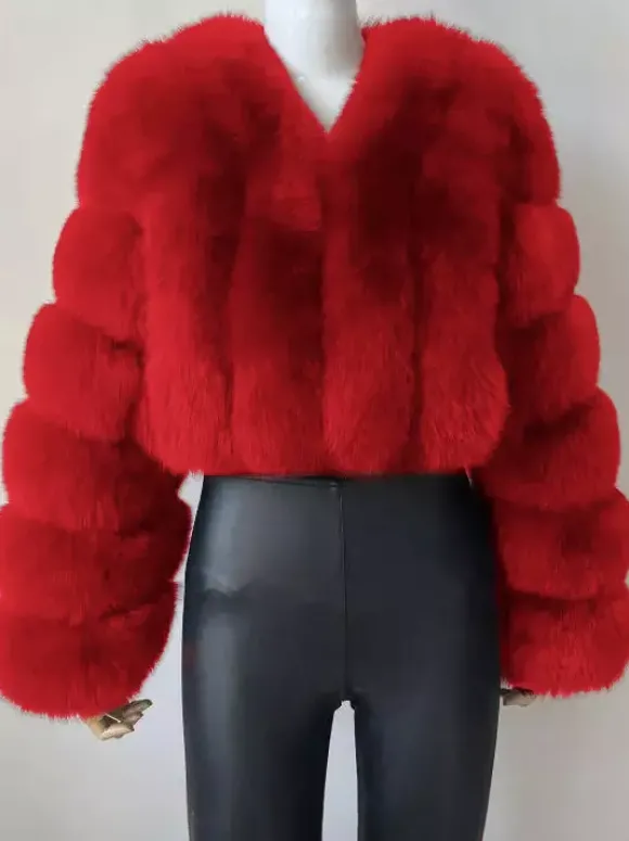 Manteau en fausse fourrure à col en V et manches longues pour femme veste courte en fourrure écologique d'hiver 2026