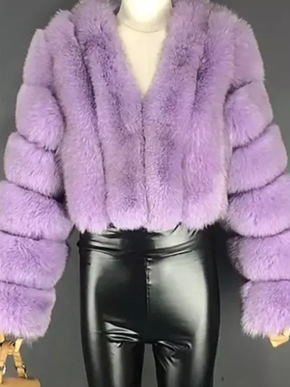 Manteau en fausse fourrure à col en V et manches longues pour femme veste courte en fourrure écologique d'hiver 2026