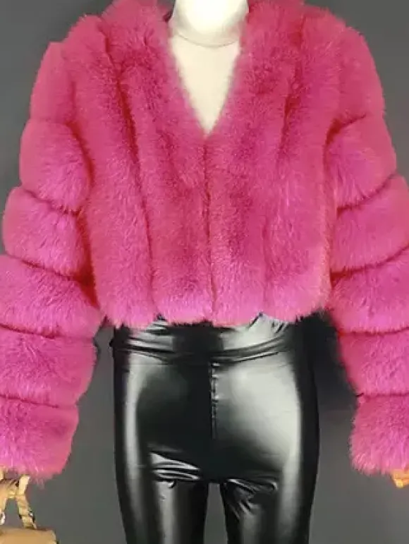 Manteau en fausse fourrure à col en V et manches longues pour femme veste courte en fourrure écologique d'hiver 2026