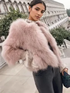 Manteau en Fausse Fourrure Court à Col Rond avec Manches Longues Unicolore Manteau Femme