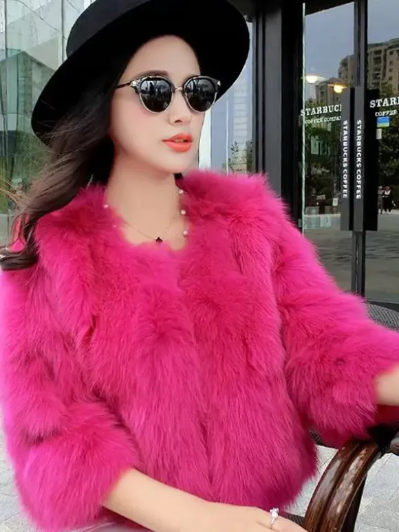 Manteau en Fausse Fourrure Court à Col Rond avec Manches Longues Unicolore Manteau Femme