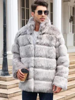 Manteau En Fausse Fourrure Gris Clair Homme Manches Longues Chaud Hiver Col Montant