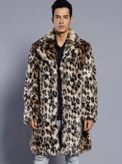 Manteau En Fausse Fourrure Long Léopard Homme Manches Longues Chaud Hiver Col Rabattu Capuche