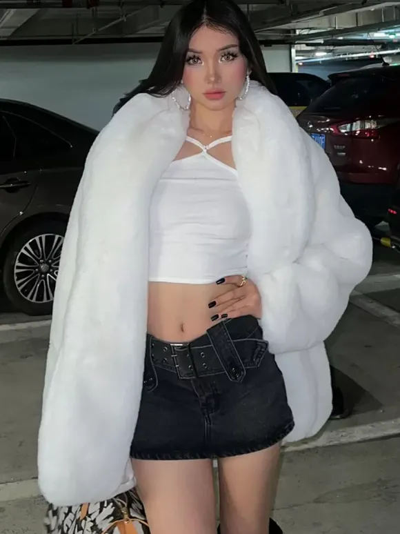 Manteau en fausse fourrure à manches longues pour femme chic surdimensionné col rabattu blanc