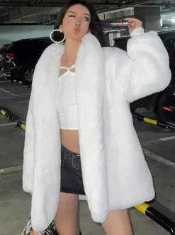 Manteau en fausse fourrure à manches longues pour femme chic surdimensionné col rabattu blanc