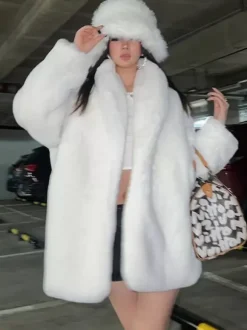 Manteau en fausse fourrure à manches longues pour femme chic surdimensionné col rabattu blanc